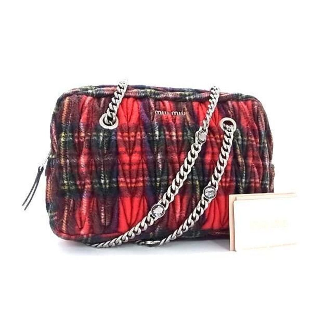 Miu MIu Matelasse Wool Check Chain 2way Shoulder Bag Red